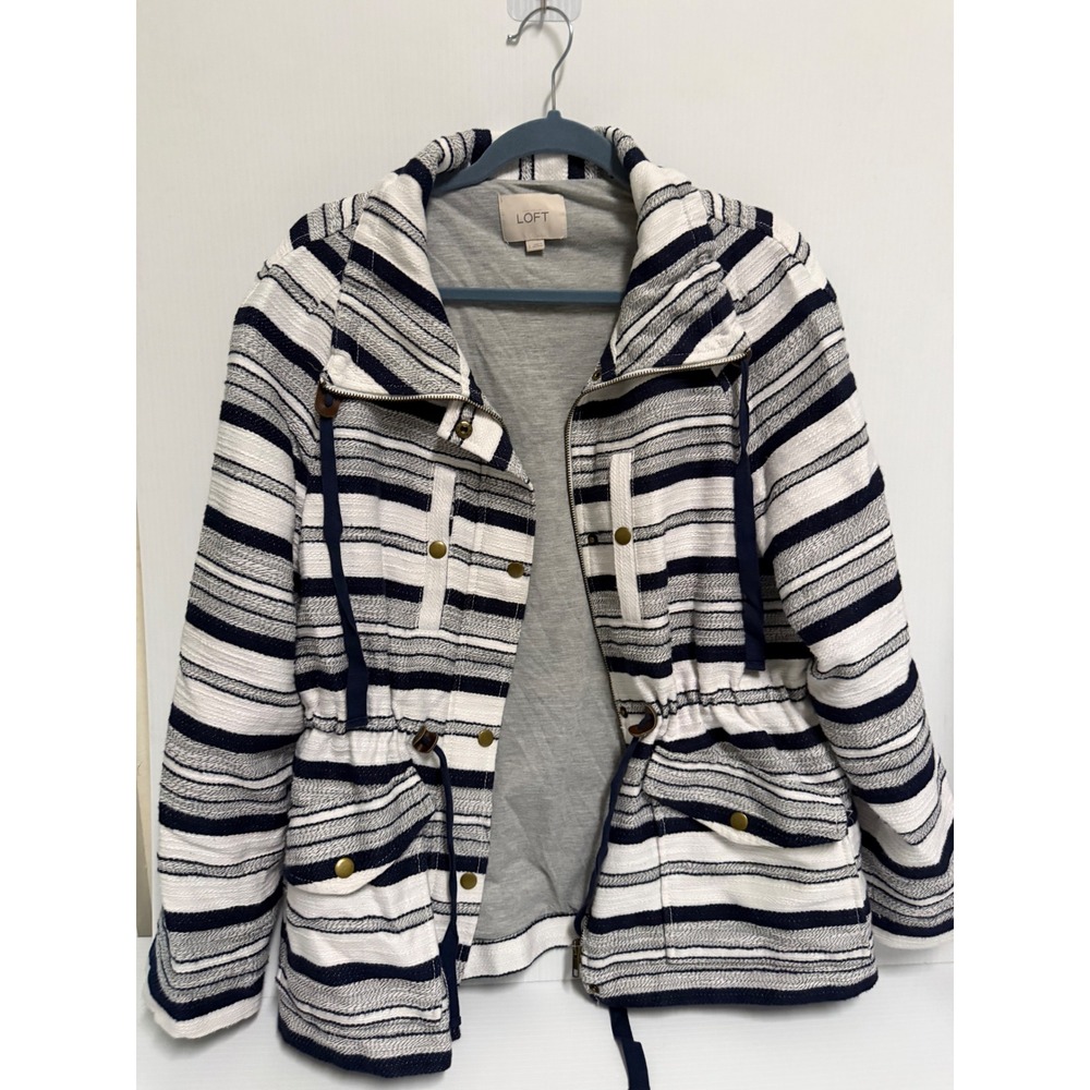 Loft Womens Navy White Striped Utility Jacket Drawstring Waist Full Zip Large